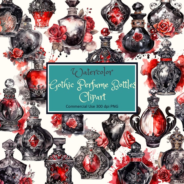 Watercolor Gothic Perfume Bottles Clip Art Red Black - PNG instant download commercial use