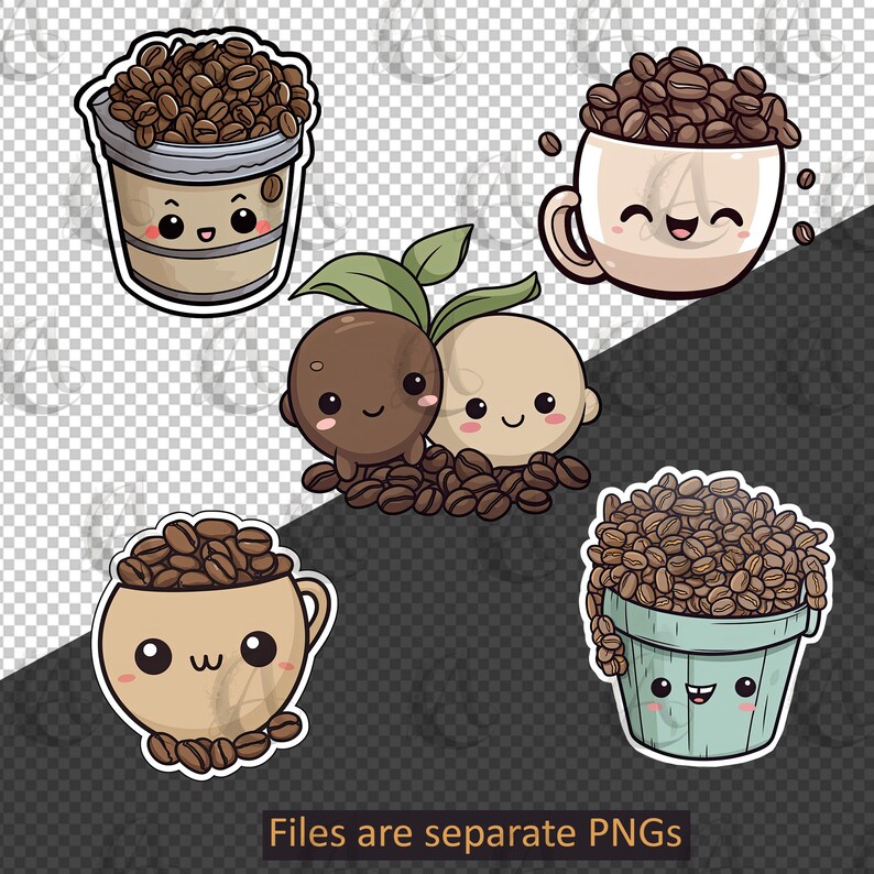 Kawaii Cute Cartoon Coffee Clipart Stickers Set - PNG Instant Download ...
