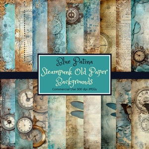 Steampunk Blaue Patina Vintage Stil Altes Papier Set 12x12 - JPEG sofortiger Download kommerzielle Nutzung