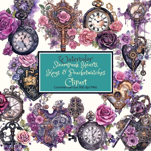 Watercolor Romantic Steampunk Hearts Keys Pocket Watches Purple Black - PNG instant download commercial use