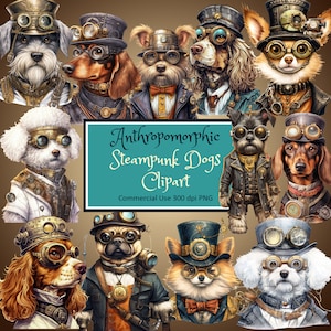 Steampunk Dogs Small Breeds Anthropomorphic Clipart Set - PNG transparent instant download commercial use