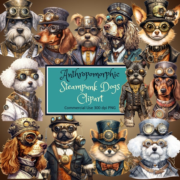 Steampunk Dogs Small Breeds Anthropomorphic Clipart Set - PNG transparent instant download commercial use