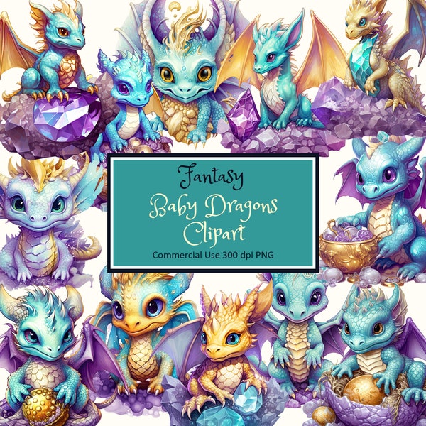 Fantasy Cute Baby Dragon Clipart Set Turquoise Purple Gold - PNG instant download commercial use
