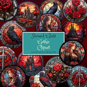 Gothic Stained Glass Clipart: Raven, Castle, Roses (PNG Digital Download)