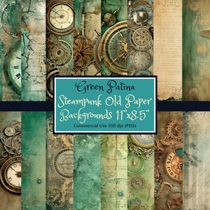 Steampunk Green Patina Vintage Style Old Paper Set Tamaño de letra 11"x8.5" Horizontal - JPG descarga instantánea uso comercial