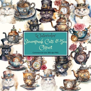 Classic Steampunk Cats and Tea Clipart Set - PNG instant download commercial use