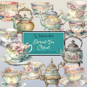 Elegant Floral Tea Cups Kettles Watercolor Clipart Set - PNG instant download commercial use