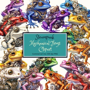 Colorful Mechanical Steampunk Frogs Clipart Set - PNG instant download commercial use