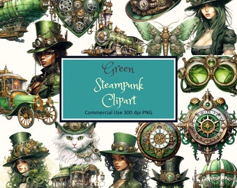 Green Steampunk Clipart Set - PNG instant download commercial use