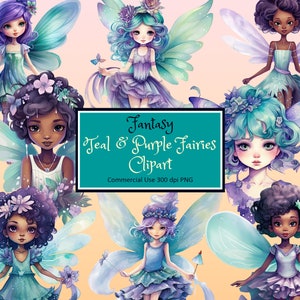 Teal and Purple Fairies Fantasy Clipart Set - PNG transparent instant download commercial use