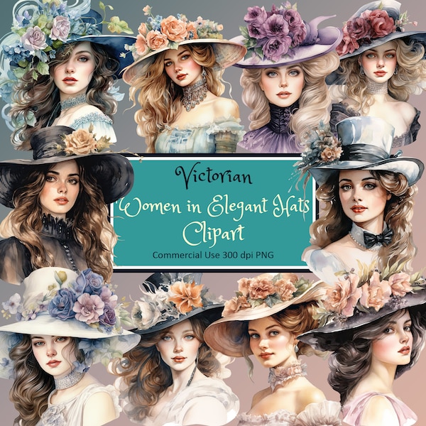 Victorian Women in Elegant Fancy Floral Hats Clipart Set - PNG transparent background commercial use