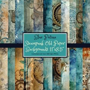 Steampunk Blue Patina Vintage Style Old Paper Set Carta Tamaño 11"x8.5" Horizontal - JPEG descarga instantánea uso comercial