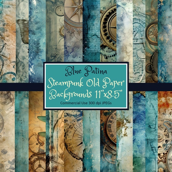Steampunk Blue Patina Vintage Style Old Paper Set Letter Size 11"x8.5" Horizontal - JPEG instant download commercial use