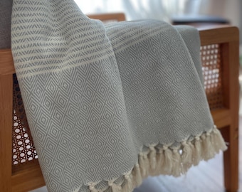Soft Turkish Cotton Blanket| Lightweight Oversize Cotton Throw Blanket for Cozy Living Room | Striped Lightweight Bedspread
