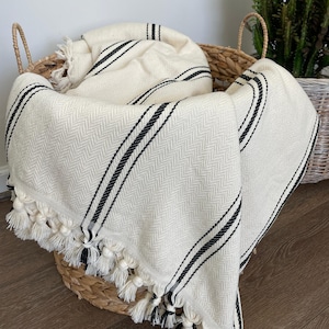 Cream Black Striped Cotton Blanket, Soft Fringed Blanket, Bedspread, Coverlet,  for Bedroom Decor.Large Throw for layered Home
