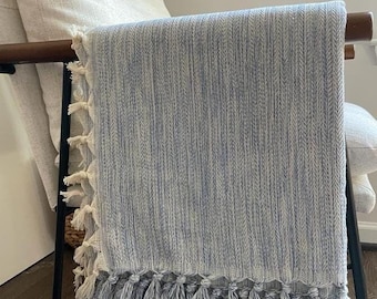 Blue Cotton Throw, Herringbone Throw Blanket,Large Natural Cotton Throw with 4 side fringes,Turkish Cotton Throw.