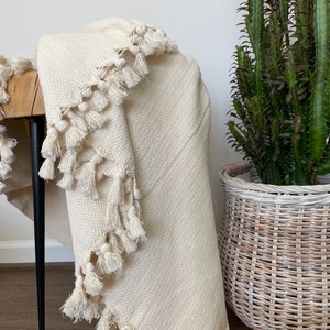 Soft, Cozy, Unbleached, undyed 100% Cotton Throw Blanket ,Cream Large Cotton Throw, Throw with 4 side fringes,  Minimalist ,Gifts for home