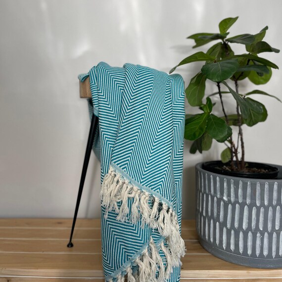 Teal 100% Cotton Chevron Throw, Turkish Cotton 4 seasons Throw- 52"X72" Large Beach Throw,  Large Turkish Towel Throw,