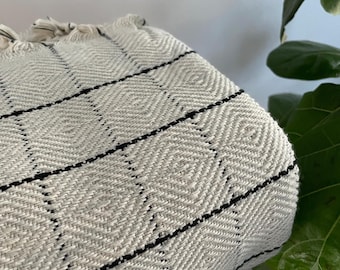 Organic Turkish Cotton Throw Blanket, Light Gray Plaid, Oversize