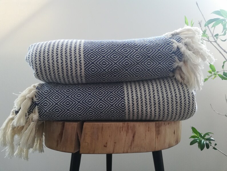 Constantine Cotton Queen Blanket Navy Blue / Cream Natural Etsy