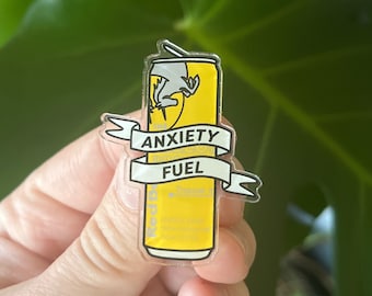 Anxiety fuel Tropical Red Bull, yellow can acrylic pin