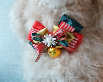 Pet Christmas Holiday Flower Bow & Bell Adjustable Dog Cat Collar