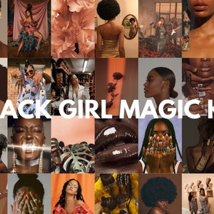 Op de afbeelding: Een collage van afbeeldingen met diverse zwarte vrouwen. De afbeeldingen bevatten portretten, mode en beauty-opnamen. De tekst "BLACK GIRL MAGIC KIT" staat in witte blokletters over het midden van de collage.