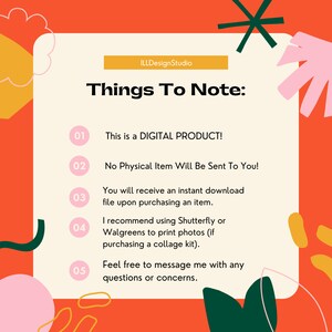 Op de afbeelding: Een informatieblad voor digitale producten met de tekst "Things To Note:" op een cr&egrave;mekleurige achtergrond. Het blad is omgeven door oranje, roze en groene abstracte vormen. De tekst bevat details over het digitale product.