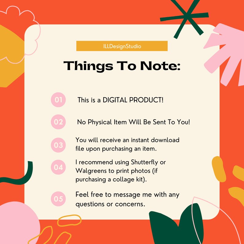 Op de afbeelding: Een informatieblad voor digitale producten met de tekst "Things To Note:" op een cr&egrave;mekleurige achtergrond. Het blad is omgeven door oranje, roze en groene abstracte vormen. De tekst bevat details over het digitale product.