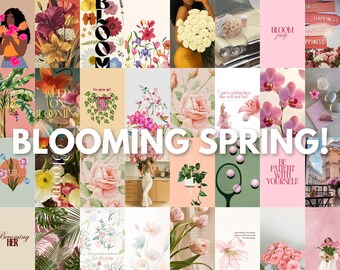 Kit de collage de primavera floreciente (73 láminas / Kit de collage de pared con estética floral, descarga digital / Decoración suave para habitación de niña, pared de fotos de flores en tonos pastel)