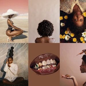 Op de afbeelding: Een collage van zes afbeeldingen, elk een portret. E&eacute;n toont een persoon met een grote witte hoed en een zwart bodysuit. Een andere toont een persoon met natuurlijk haar. Andere afbeeldingen zijn onder meer een persoon met bloemen, een haarstapel en een vlinder.