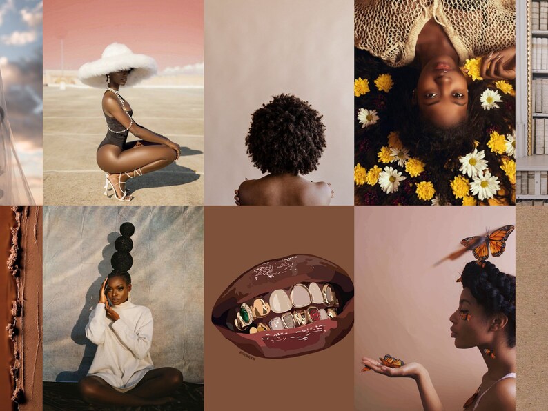 Op de afbeelding: Een collage van zes afbeeldingen, elk een portret. E&eacute;n toont een persoon met een grote witte hoed en een zwart bodysuit. Een andere toont een persoon met natuurlijk haar. Andere afbeeldingen zijn onder meer een persoon met bloemen, een haarstapel en een vlinder.