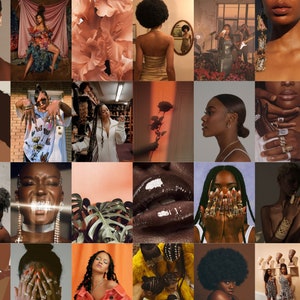 Op de afbeelding: Een collage van afbeeldingen met diverse vrouwen. De afbeeldingen tonen mode, schoonheid en portretten. Het kleurenpalet omvat bruin, roze en oranje. De afbeeldingen bevatten close-ups van gezichten, sieraden en kleding.