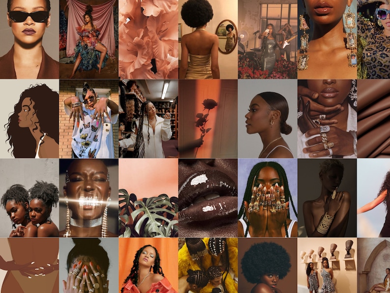 Op de afbeelding: Een collage van afbeeldingen met diverse vrouwen. De afbeeldingen tonen mode, schoonheid en portretten. Het kleurenpalet omvat bruin, roze en oranje. De afbeeldingen bevatten close-ups van gezichten, sieraden en kleding.
