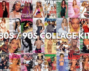 May include: A collage of magazine covers from the 1980s and 1990s featuring various celebrities and models. The covers include titles such as "Cosmopolitan", "Essence", "Vogue", "Thrasher", "Source", and "Vibe".