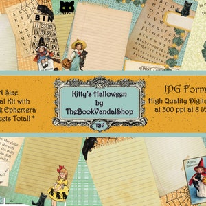 May include: A digital printable Halloween journal kit with 14 sheets of ephemera and pages. The kit includes a variety of images, including a black cat, a pumpkin, and a witch. The kit is designed to be printed at 300 ppi and is 8.5 inches by 11 inches.