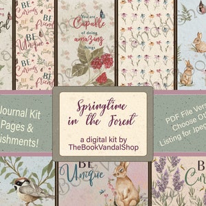 Springtime in the Forest (PDF) Printable Digital Journal Kit; Watercolor; Junk Journal Pages; Embellishments; Woodland Animals