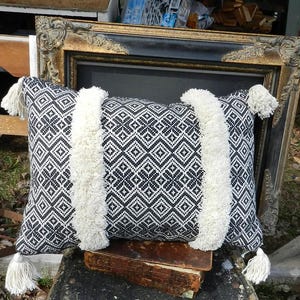 May include: A rectangular cushion with a black and white geometric design. It features two vertical white fringed stripes and white tassels at each corner. The cushion is placed on top of a stack of books.