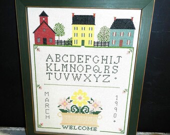 PRiMITIVE WELC0ME DEC0R C0UNTED CR0SS STiTCH SAMPLER/MARCH 1990/15 3/4" X 12 3/4" X 3/4"/N0 GLASS