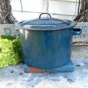 May include: A large, blue enamel stock pot with a lid. The pot has a speckled blue finish and a white interior. The pot is sitting on a stack of books.