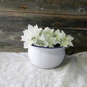 May include: White enamelware pitcher with a blue rim and a black handle, filled with white artificial flowers.