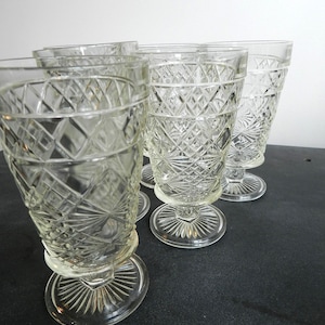 6 Elegant PRESSED GLASS PEDESTAL Drinkware/ Peanut Butter Big top Diamond Pattern