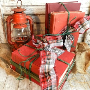 VINTAGE B00K BuNDLE/3 B00KS = 0NE BuNDLE/TW0 RED & 0NE GREEN/TiED WiTH TWiNE and RIBB0N/ FR0STED PiNE C0NE/GiFT CaRD