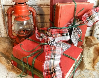 VINTAGE B00K BuNDLE/3 B00KS = 0NE BuNDLE/TW0 RED & 0NE GREEN/TiED WiTH TWiNE and RIBB0N/ FR0STED PiNE C0NE/GiFT CaRD