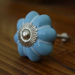May include: A light blue ceramic cabinet knob with a white striped design and a silver metal center.