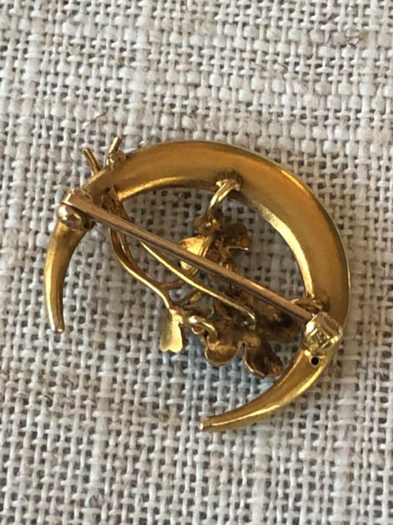 Antique 14k Gold Crescent Moon and Clover Brooch Pin Etsy