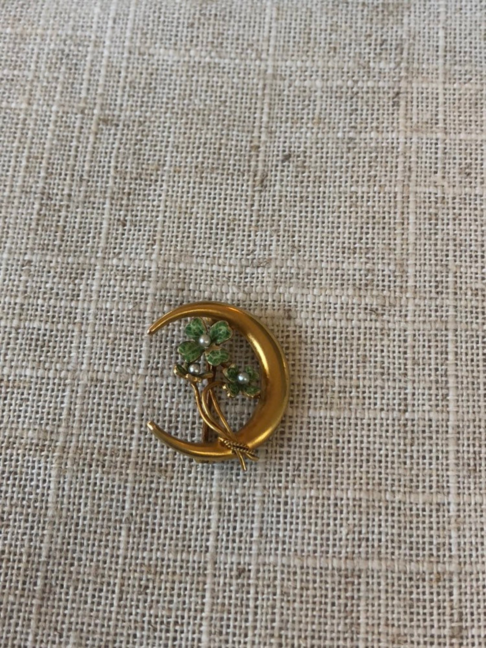 Antique 14k Gold Crescent Moon and Clover Brooch Pin - Etsy