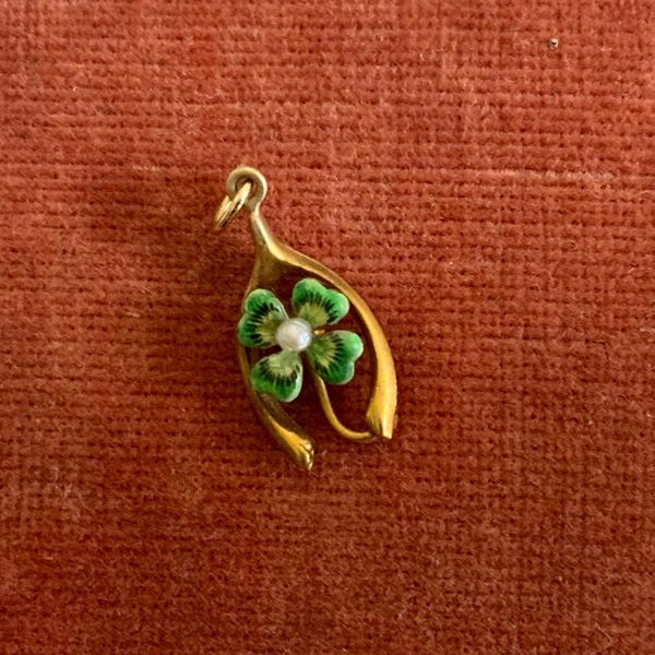 Antique Yellow Gold Filled Enamel and Pearl Four Leaf Clover Wishbone Charm