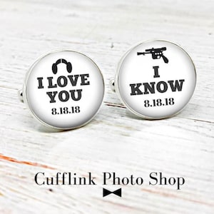 Personalized Star Wars cufflinks, I Love You I know wedding anniversary custom date cuff links, gift under 30