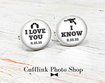 Personalized Star Wars cufflinks, I Love You I know wedding anniversary custom date cuff links, gift under 30